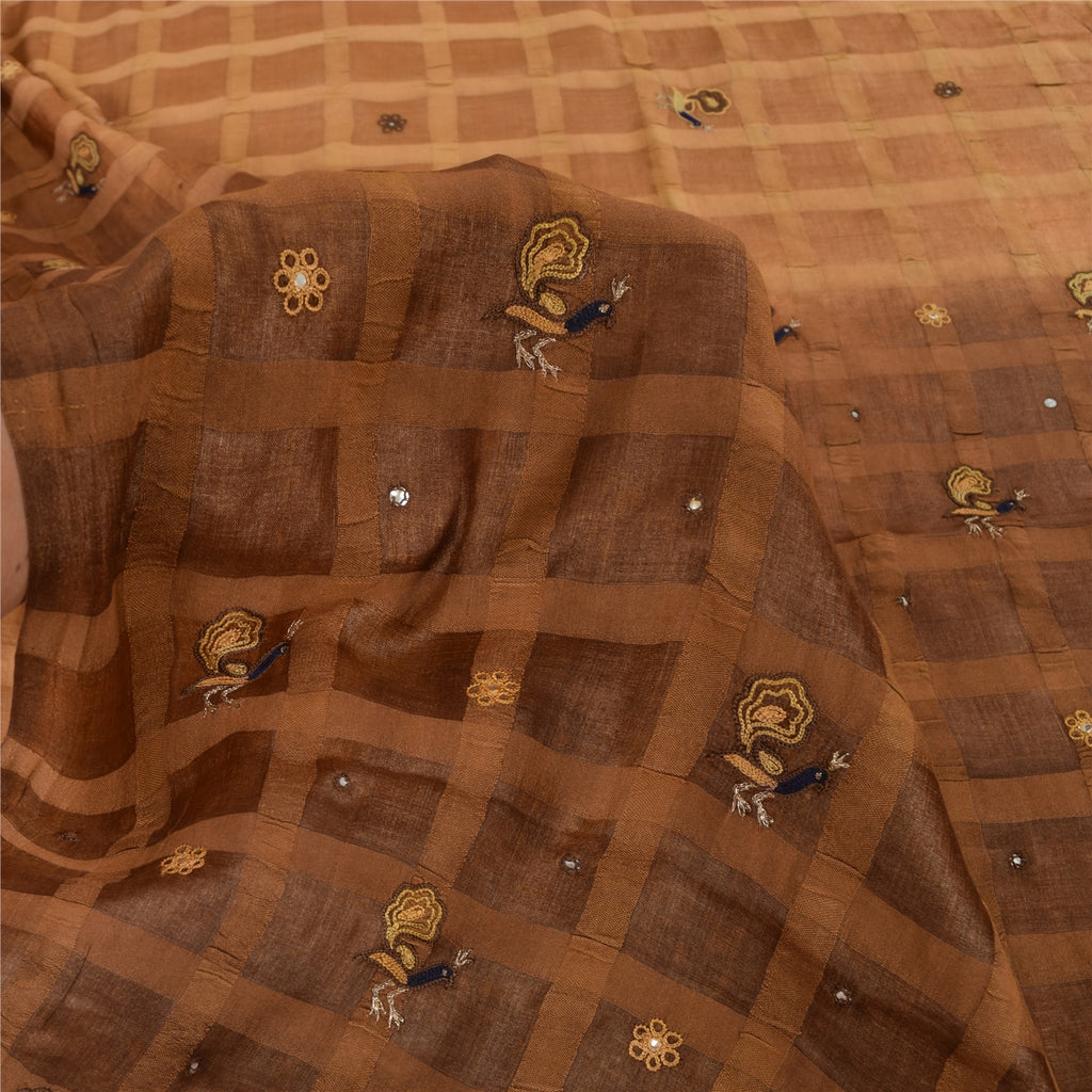 Sanskriti Vintage Indian Brown Sarees Pure Silk Hand Embroidered Sari 5yd Fabric