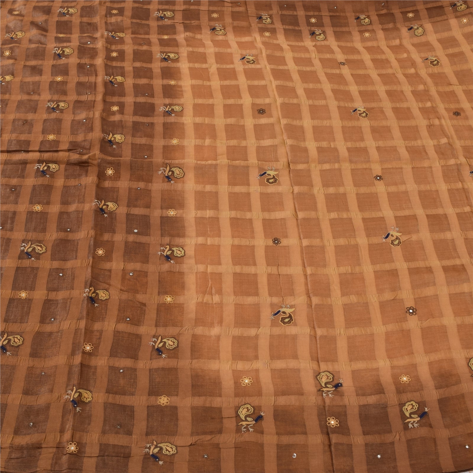 Sanskriti Vintage Indian Brown Sarees Pure Silk Hand Embroidered Sari 5yd Fabric