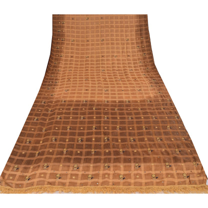 Sanskriti Vintage Indian Brown Sarees Pure Silk Hand Embroidered Sari 5yd Fabric