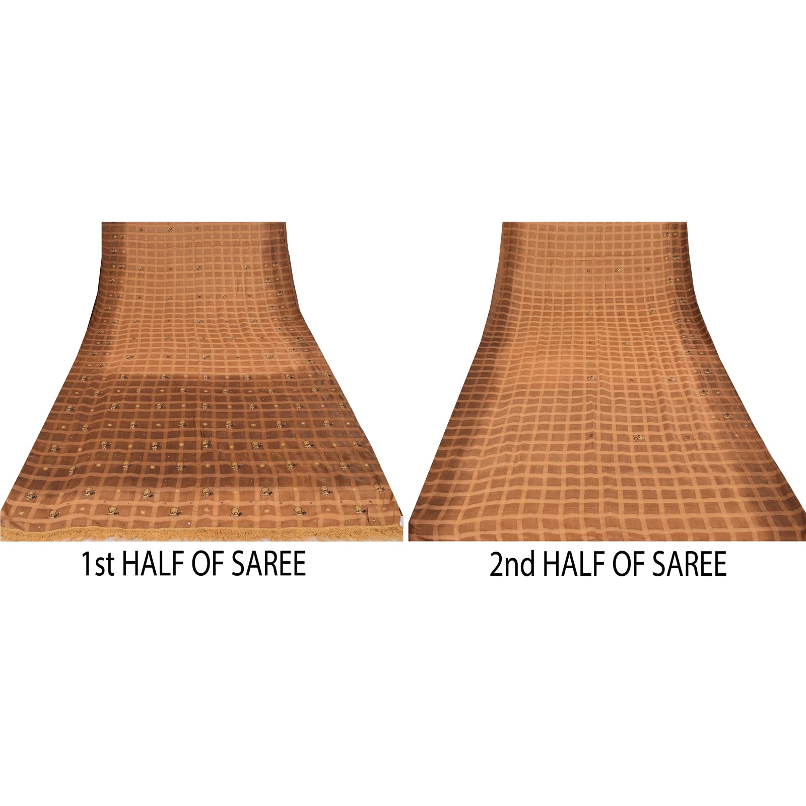 Sanskriti Vintage Indian Brown Sarees Pure Silk Hand Embroidered Sari 5yd Fabric