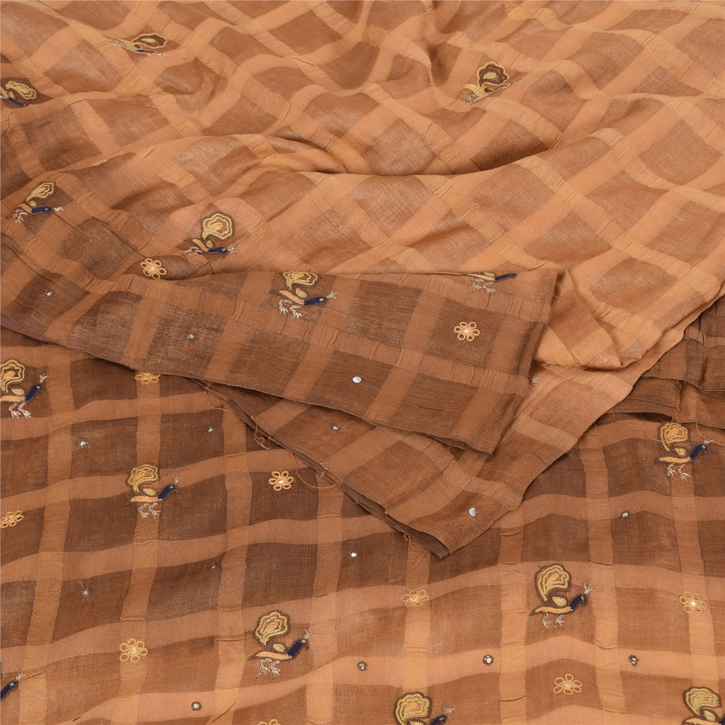 Sanskriti Vintage Indian Brown Sarees Pure Silk Hand Embroidered Sari 5yd Fabric