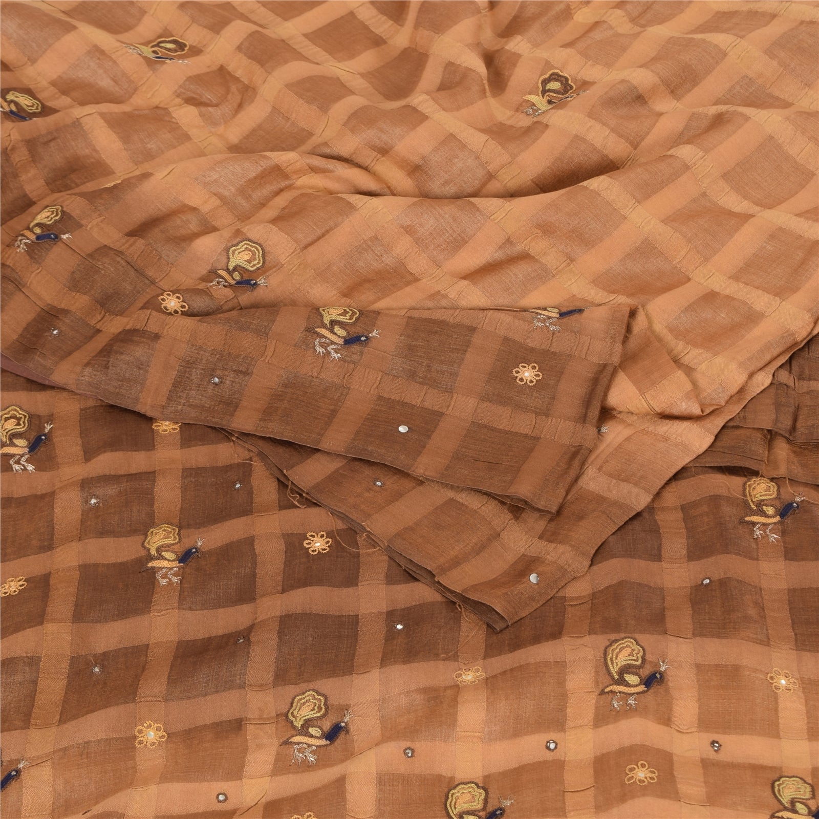 Sanskriti Vintage Indian Brown Sarees Pure Silk Hand Embroidered Sari 5yd Fabric