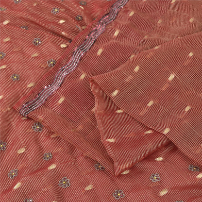 Sanskriti Vintage Sari Organza Dark Red Sarees Hand Bead Woven 5Yd Craft Fabric Assorted Scraps, Upcycled Remnant Fabric
