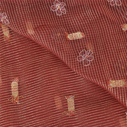 Sanskriti Vintage Sari Organza Dark Red Sarees Hand Bead Woven 5Yd Craft Fabric Assorted Scraps, Upcycled Remnant Fabric