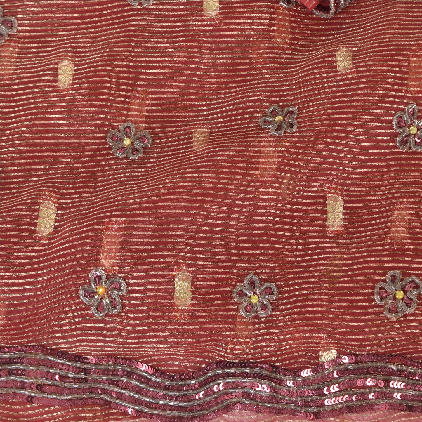 Sanskriti Vintage Sari Organza Dark Red Sarees Hand Bead Woven 5Yd Craft Fabric Assorted Scraps, Upcycled Remnant Fabric