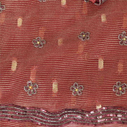 Sanskriti Vintage Sari Organza Dark Red Sarees Hand Bead Woven 5Yd Craft Fabric Assorted Scraps, Upcycled Remnant Fabric