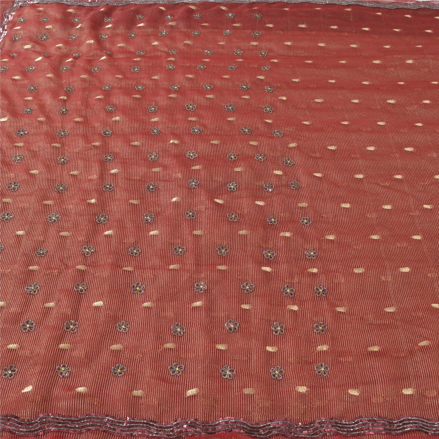 Sanskriti Vintage Sari Organza Dark Red Sarees Hand Bead Woven 5Yd Craft Fabric Assorted Scraps, Upcycled Remnant Fabric