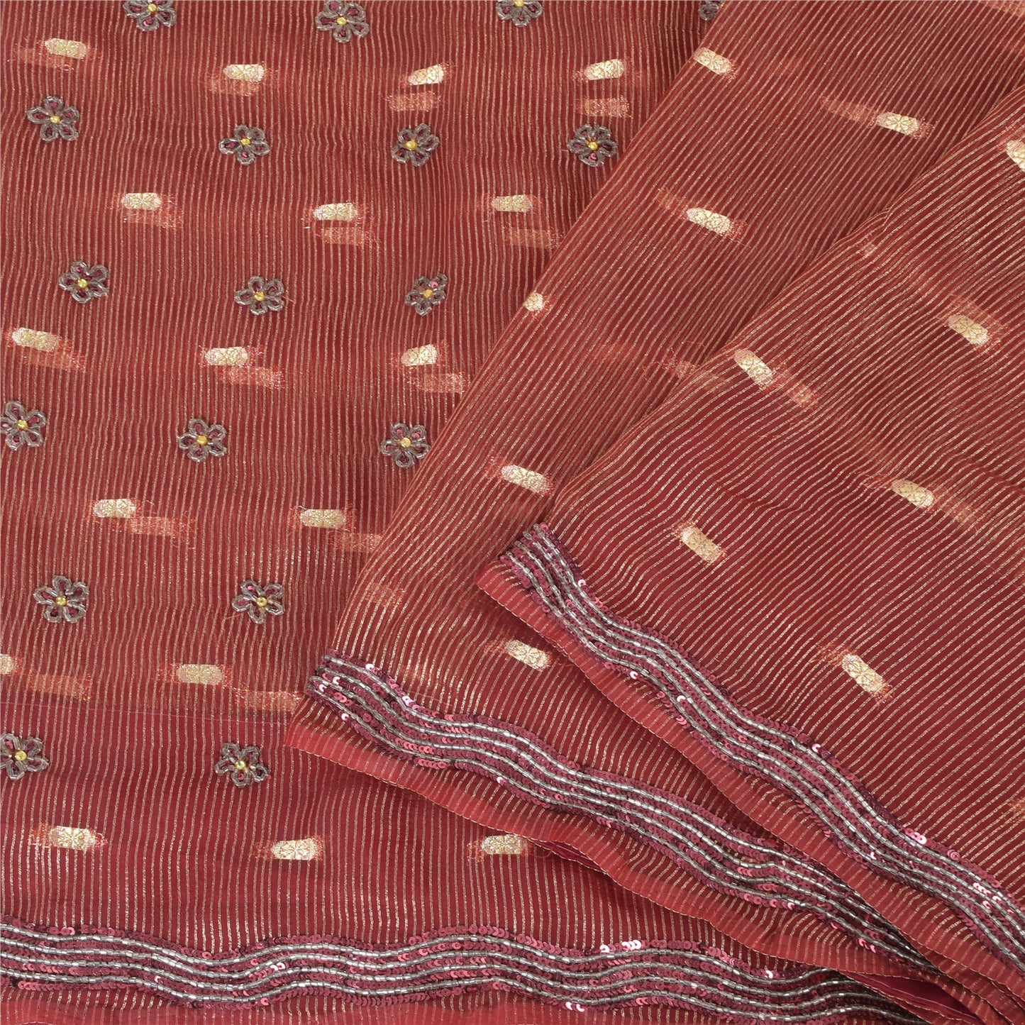 Sanskriti Vintage Sari Organza Dark Red Sarees Hand Bead Woven 5Yd Craft Fabric Assorted Scraps, Upcycled Remnant Fabric