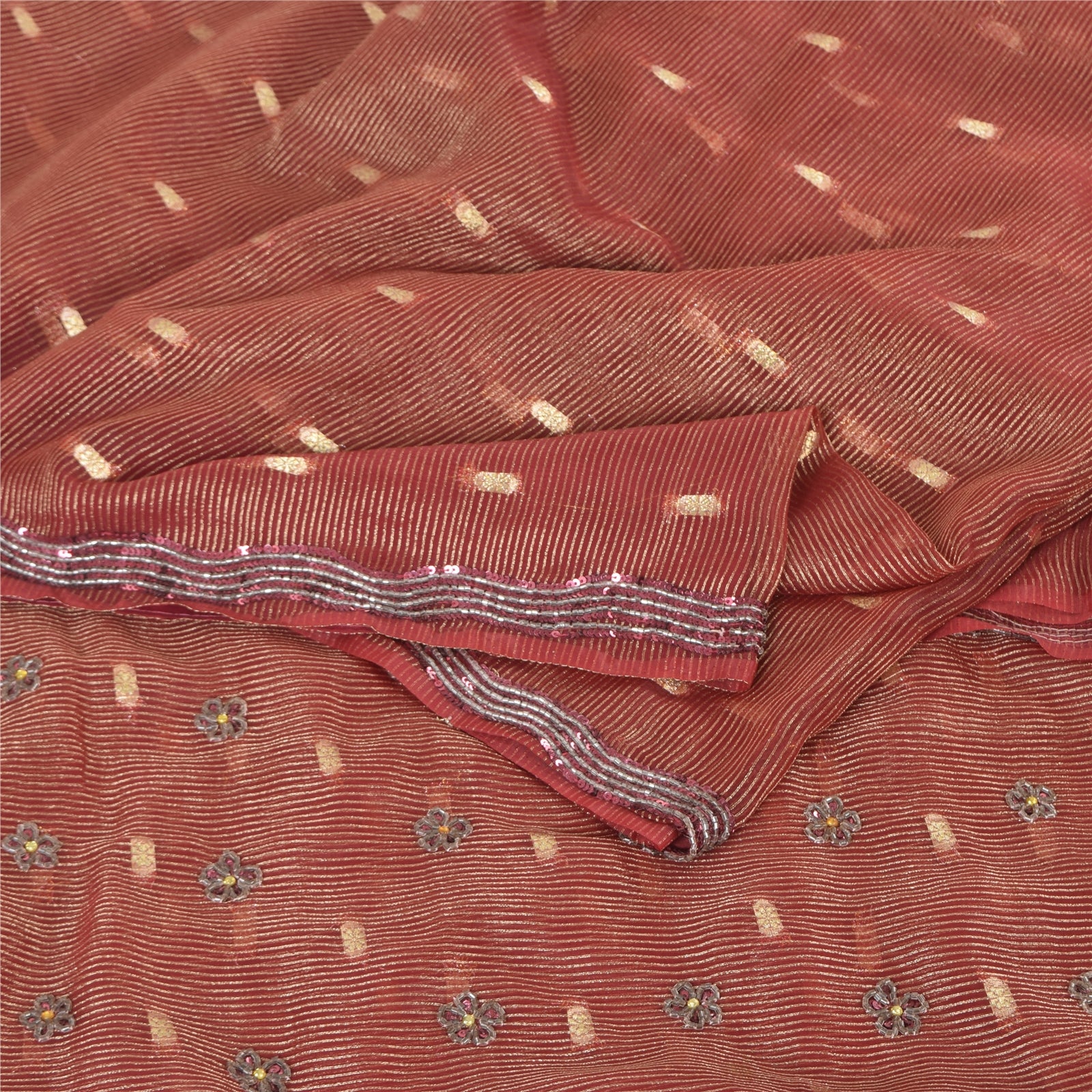 Sanskriti Vintage Sari Organza Dark Red Sarees Hand Bead Woven 5Yd Craft Fabric Assorted Scraps, Upcycled Remnant Fabric