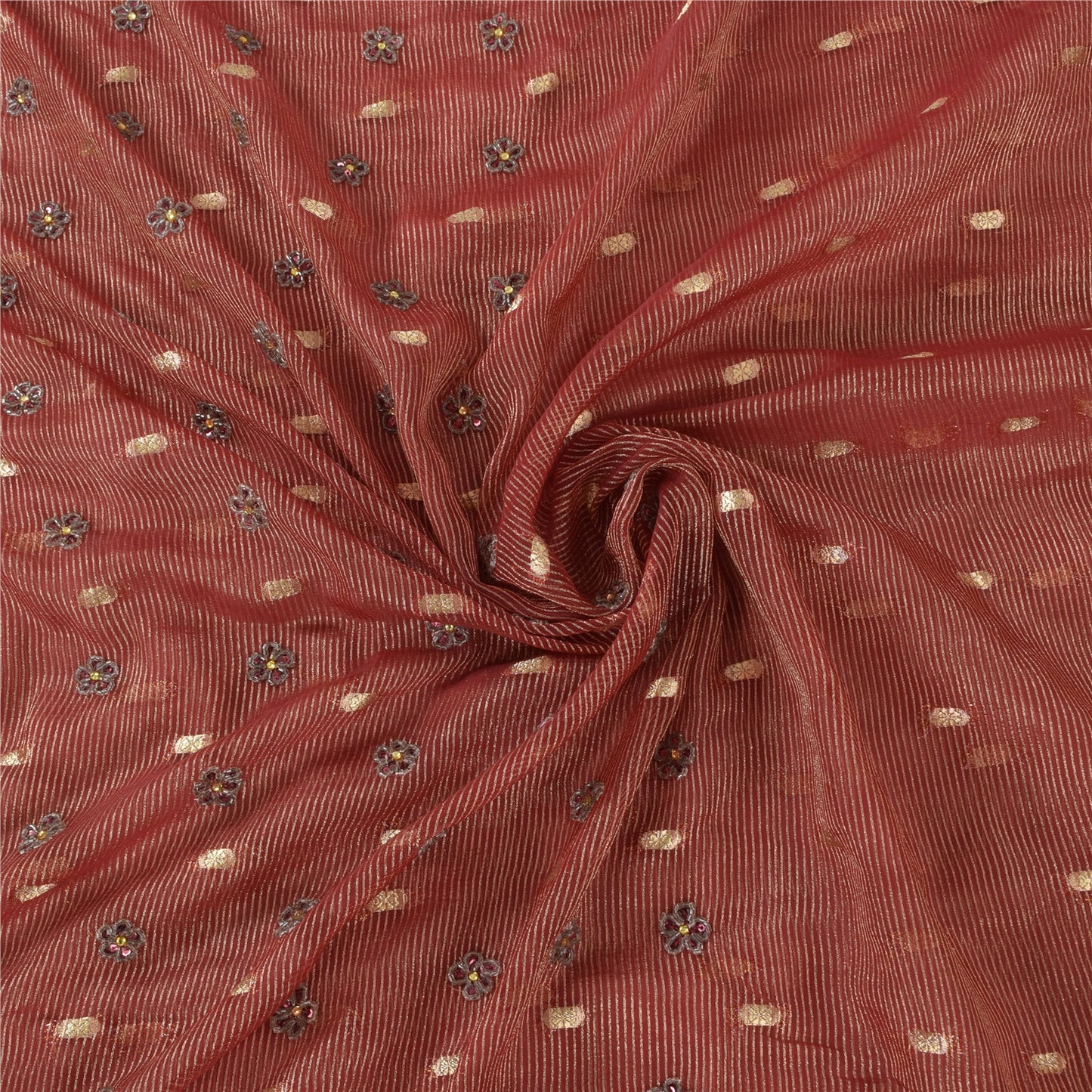 Sanskriti Vintage Sari Organza Dark Red Sarees Hand Bead Woven 5Yd Craft Fabric Assorted Scraps, Upcycled Remnant Fabric