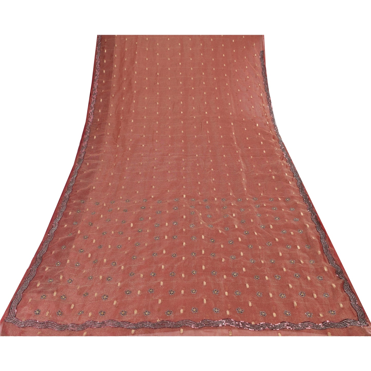 Sanskriti Vintage Sari Organza Dark Red Sarees Hand Bead Woven 5Yd Craft Fabric Assorted Scraps, Upcycled Remnant Fabric