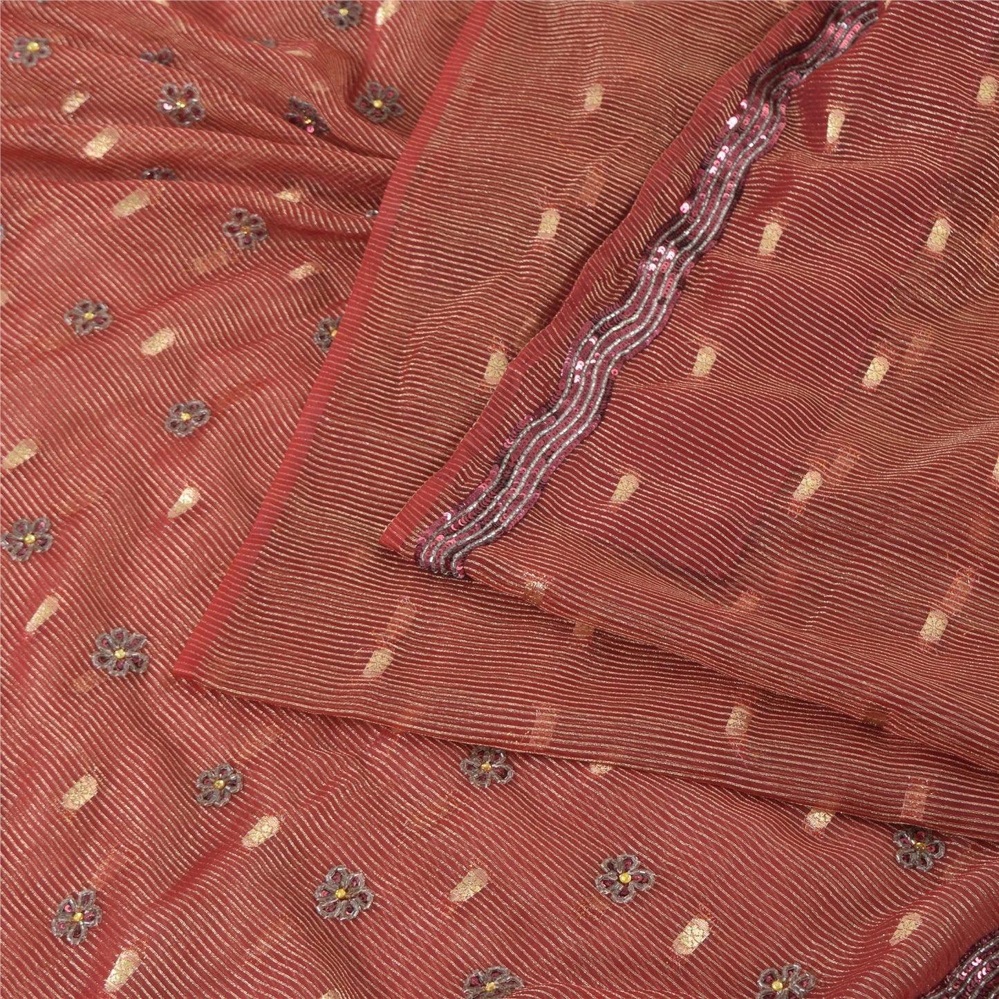 Sanskriti Vintage Sari Organza Dark Red Sarees Hand Bead Woven 5Yd Craft Fabric Assorted Scraps, Upcycled Remnant Fabric