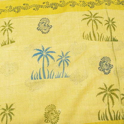 Sanskriti Vintage Saree Yellow Pure Cotton Hand Block-Zari Woven Fabric 5Yd Sari