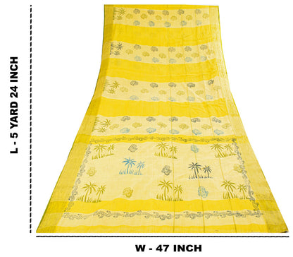 Sanskriti Vintage Saree Yellow Pure Cotton Hand Block-Zari Woven Fabric 5Yd Sari