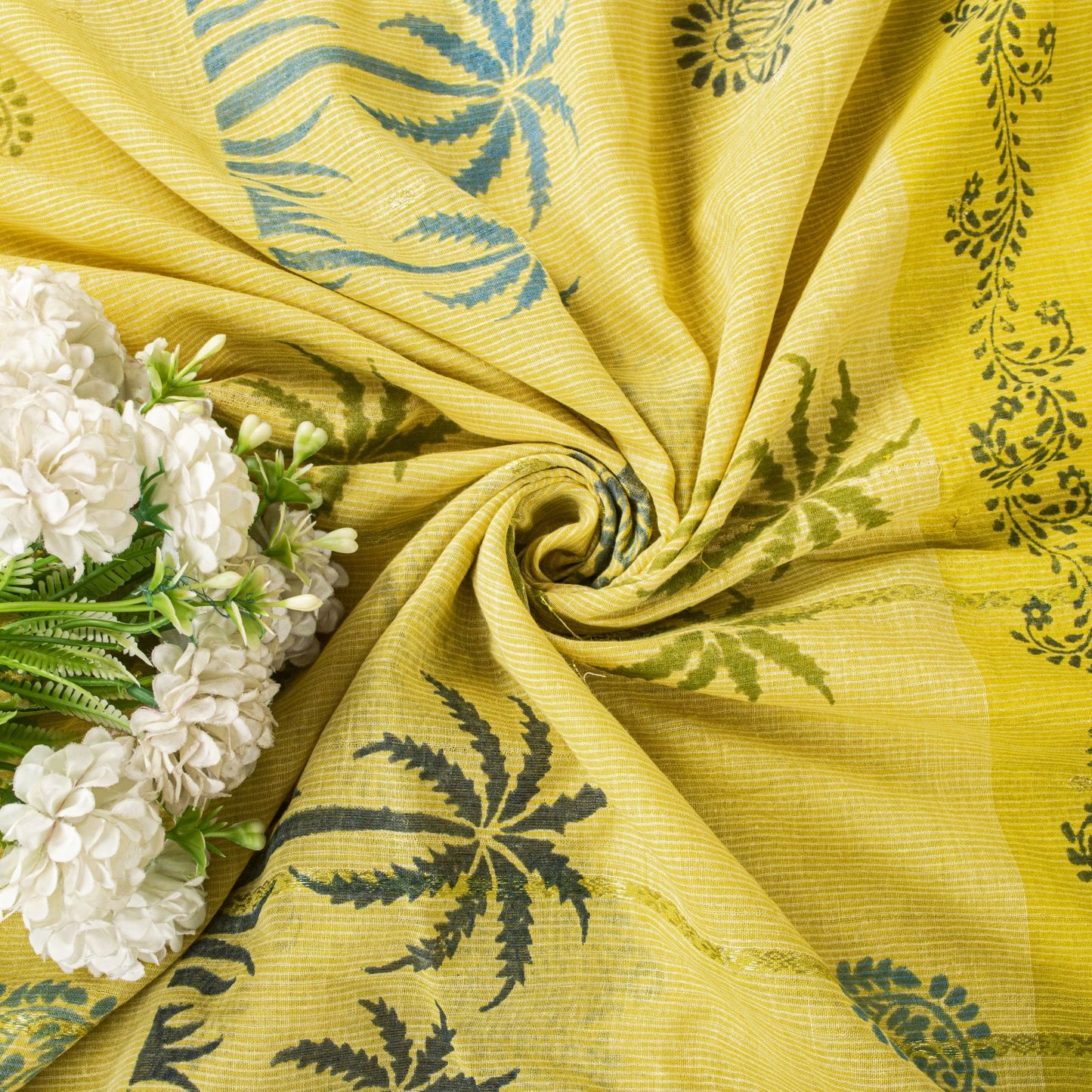 Sanskriti Vintage Saree Yellow Pure Cotton Hand Block-Zari Woven Fabric 5Yd Sari