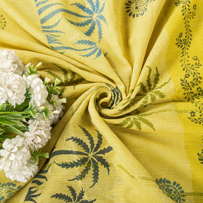 Sanskriti Vintage Saree Yellow Pure Cotton Hand Block-Zari Woven Fabric 5Yd Sari
