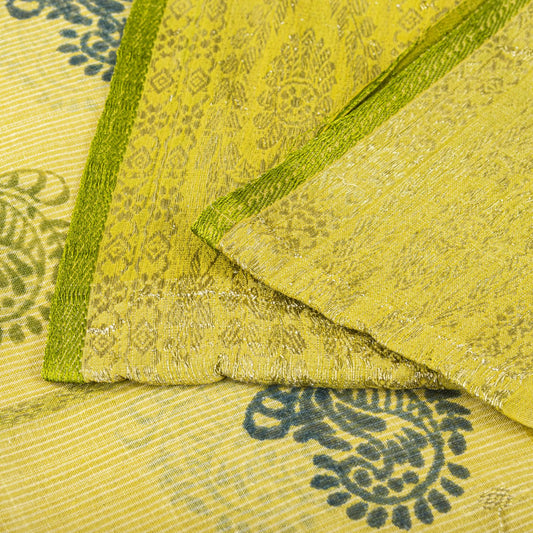 Sanskriti Vintage Saree Yellow Pure Cotton Hand Block-Zari Woven Fabric 5Yd Sari
