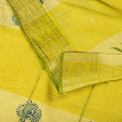 Sanskriti Vintage Saree Yellow Pure Cotton Hand Block-Zari Woven Fabric 5Yd Sari