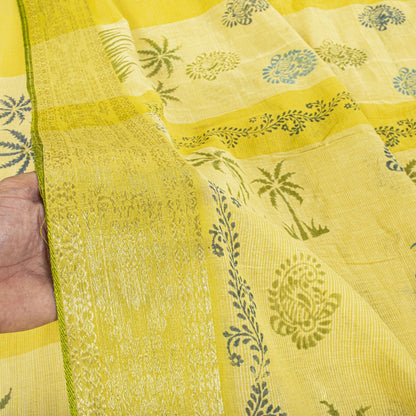 Sanskriti Vintage Saree Yellow Pure Cotton Hand Block-Zari Woven Fabric 5Yd Sari