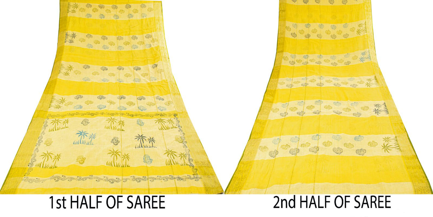 Sanskriti Vintage Saree Yellow Pure Cotton Hand Block-Zari Woven Fabric 5Yd Sari