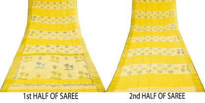 Sanskriti Vintage Saree Yellow Pure Cotton Hand Block-Zari Woven Fabric 5Yd Sari