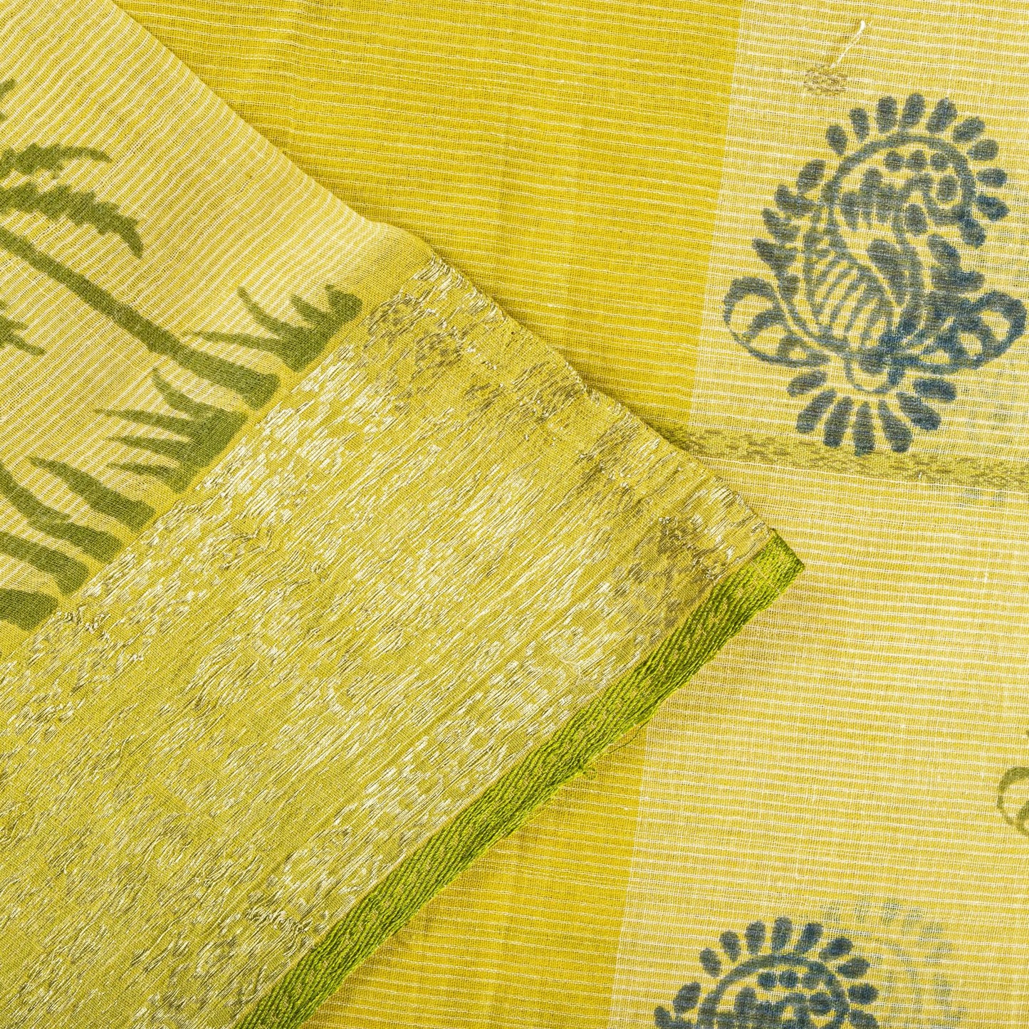 Sanskriti Vintage Saree Yellow Pure Cotton Hand Block-Zari Woven Fabric 5Yd Sari