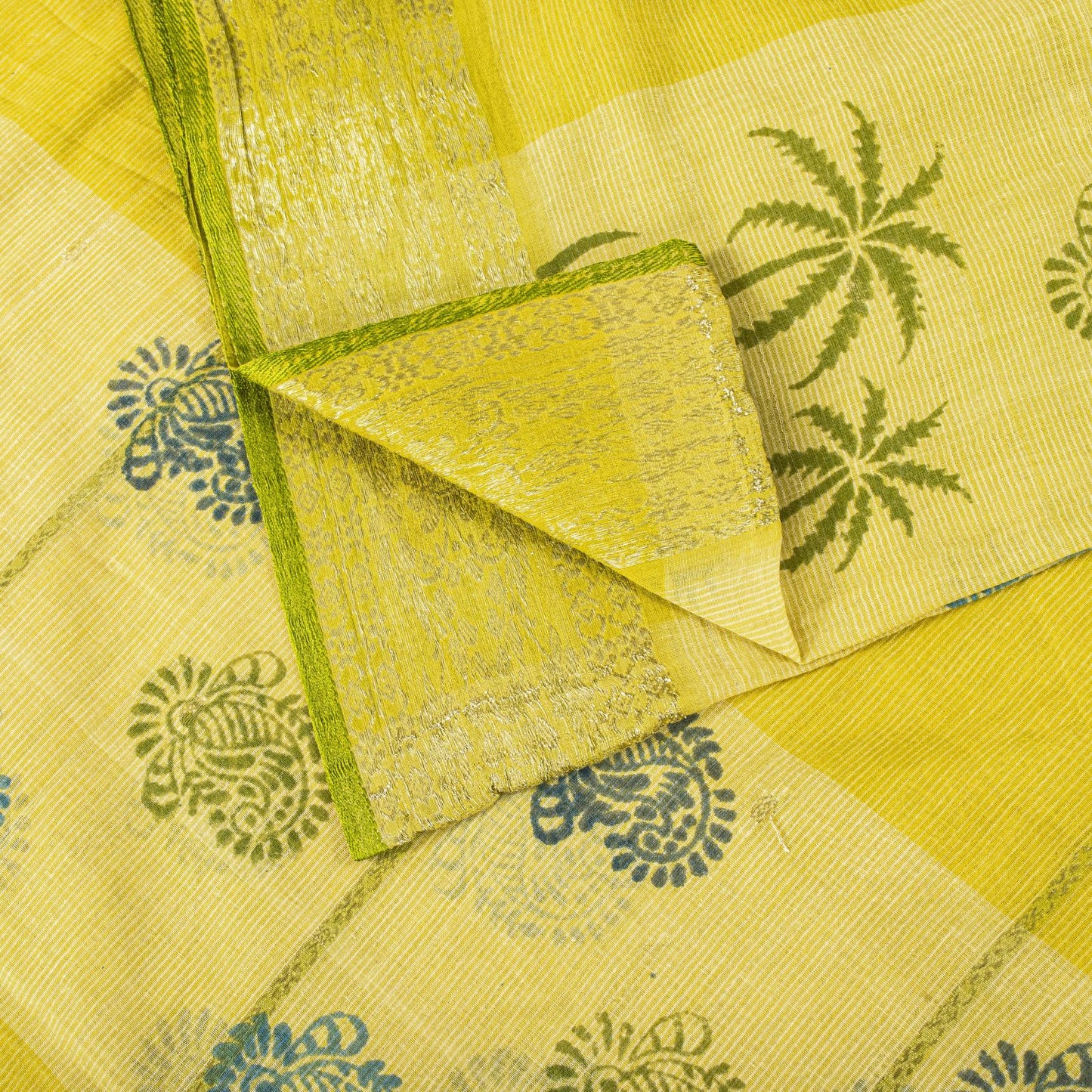 Sanskriti Vintage Saree Yellow Pure Cotton Hand Block-Zari Woven Fabric 5Yd Sari