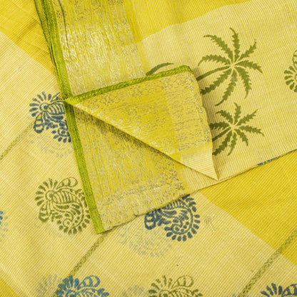Sanskriti Vintage Saree Yellow Pure Cotton Hand Block-Zari Woven Fabric 5Yd Sari