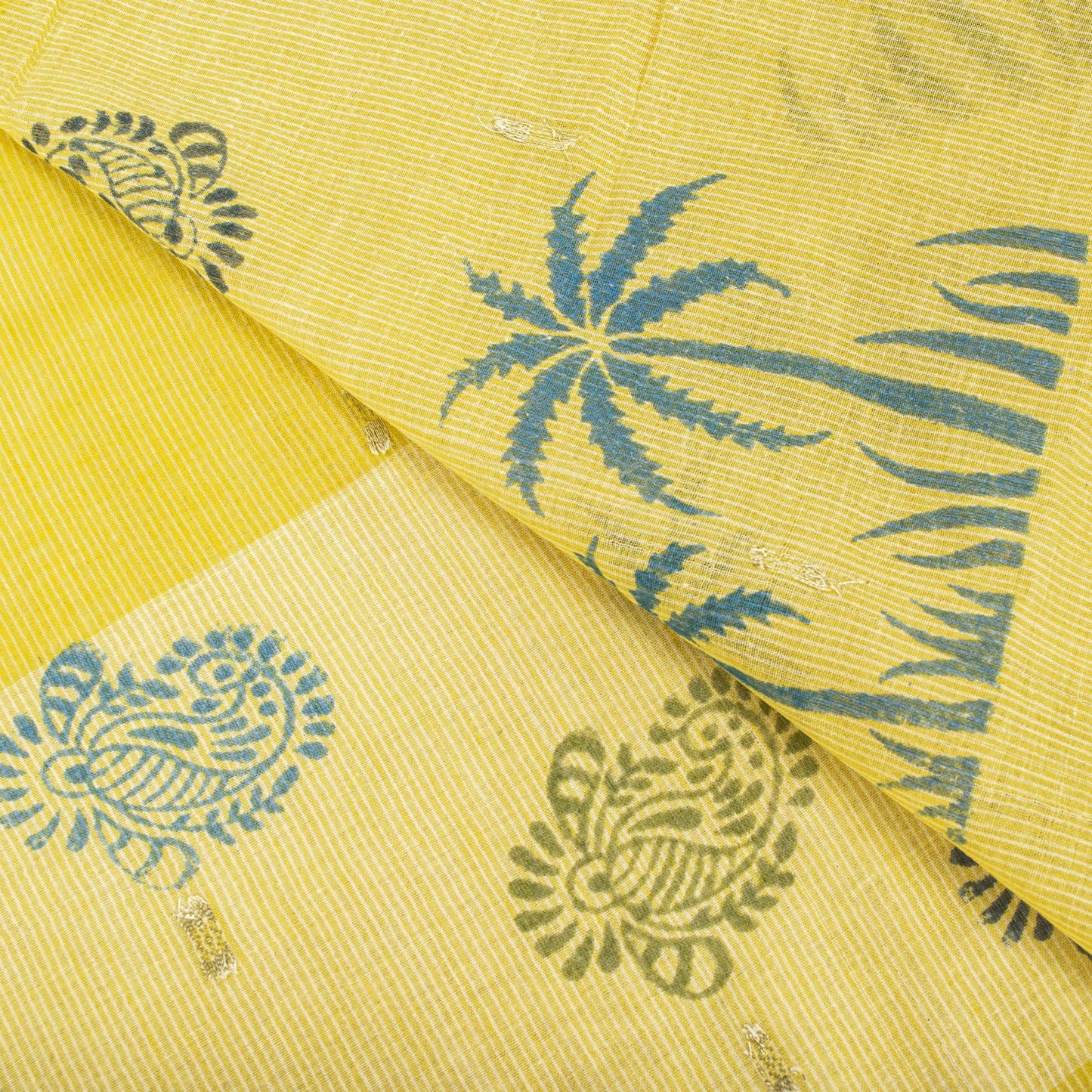 Sanskriti Vintage Saree Yellow Pure Cotton Hand Block-Zari Woven Fabric 5Yd Sari