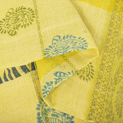 Sanskriti Vintage Saree Yellow Pure Cotton Hand Block-Zari Woven Fabric 5Yd Sari