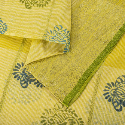 Sanskriti Vintage Saree Yellow Pure Cotton Hand Block-Zari Woven Fabric 5Yd Sari