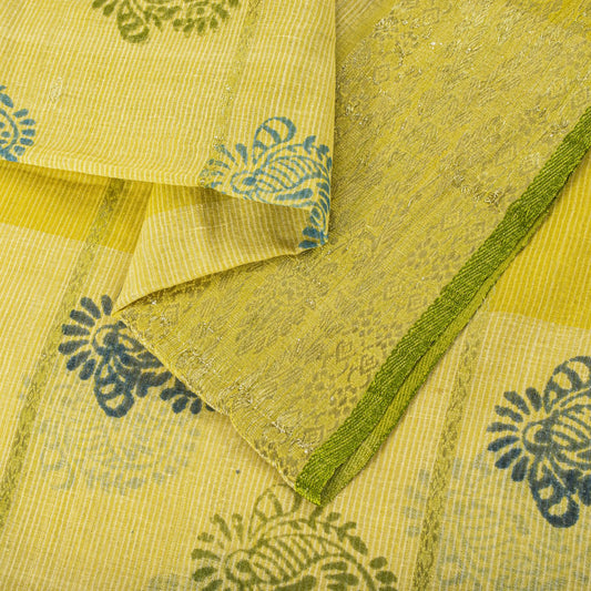 Sanskriti Vintage Saree Yellow Pure Cotton Hand Block-Zari Woven Fabric 5Yd Sari
