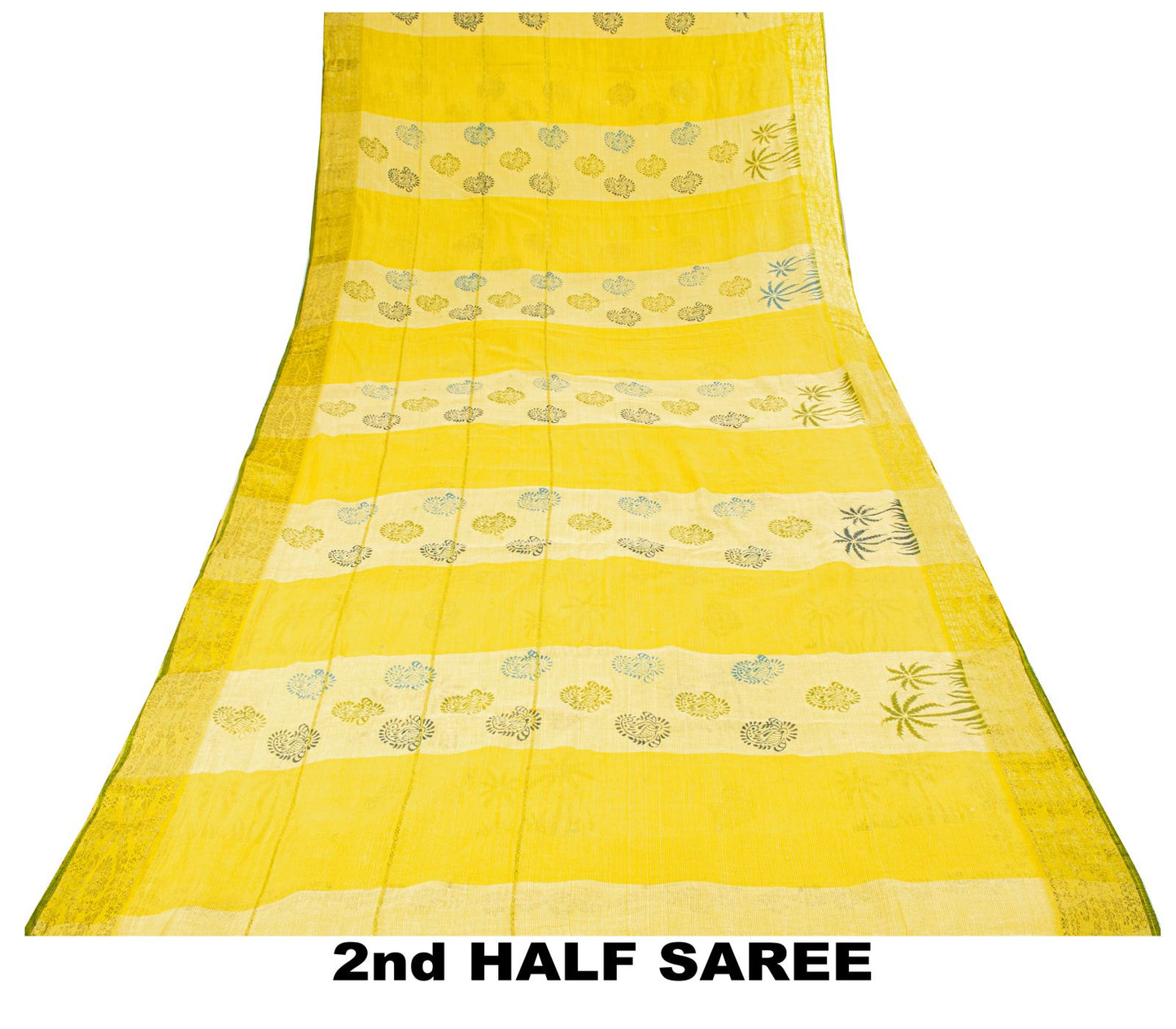 Sanskriti Vintage Saree Yellow Pure Cotton Hand Block-Zari Woven Fabric 5Yd Sari
