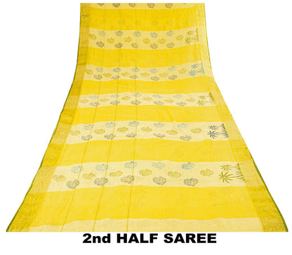 Sanskriti Vintage Saree Yellow Pure Cotton Hand Block-Zari Woven Fabric 5Yd Sari