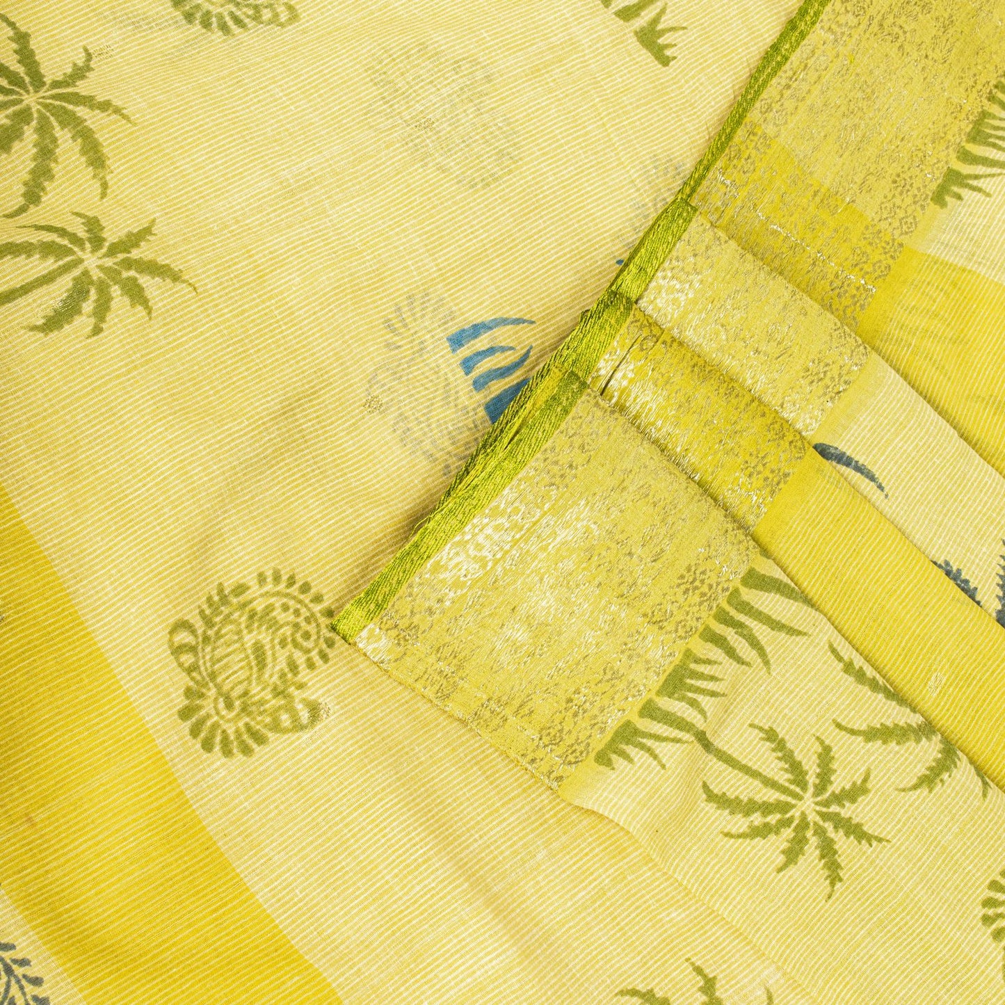 Sanskriti Vintage Saree Yellow Pure Cotton Hand Block-Zari Woven Fabric 5Yd Sari
