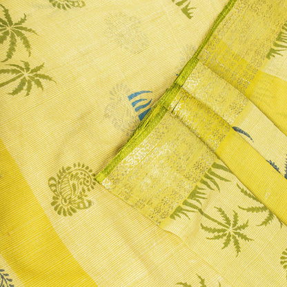 Sanskriti Vintage Saree Yellow Pure Cotton Hand Block-Zari Woven Fabric 5Yd Sari