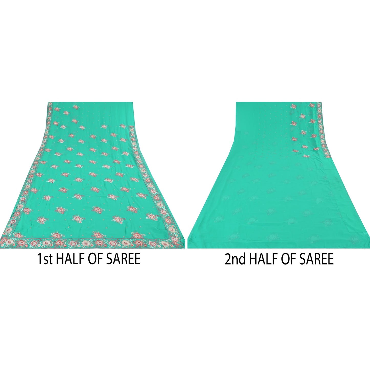 Sanskriti Vintage Sari Georgette Turquoise Blue Sarees Embroidered 5yd Craft Fabric Design- Dresses, Kaftans, Skirts, Blouses, Projects