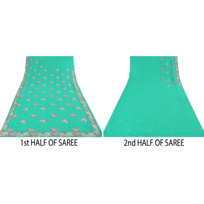Sanskriti Vintage Sari Georgette Turquoise Blue Sarees Embroidered 5yd Craft Fabric Design- Dresses, Kaftans, Skirts, Blouses, Projects