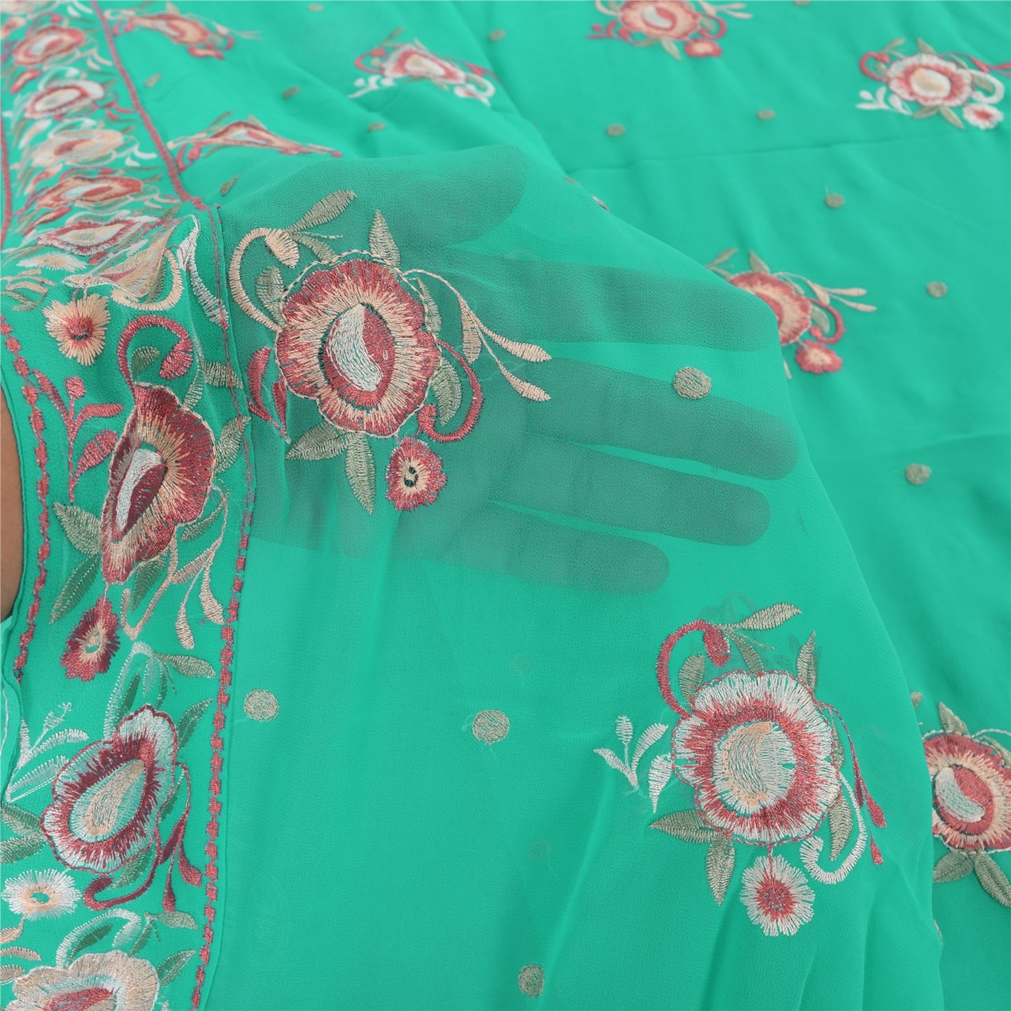 Sanskriti Vintage Sari Georgette Turquoise Blue Sarees Embroidered 5yd Craft Fabric Design- Dresses, Kaftans, Skirts, Blouses, Projects