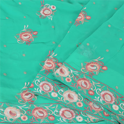 Sanskriti Vintage Sari Georgette Turquoise Blue Sarees Embroidered 5yd Craft Fabric Design- Dresses, Kaftans, Skirts, Blouses, Projects