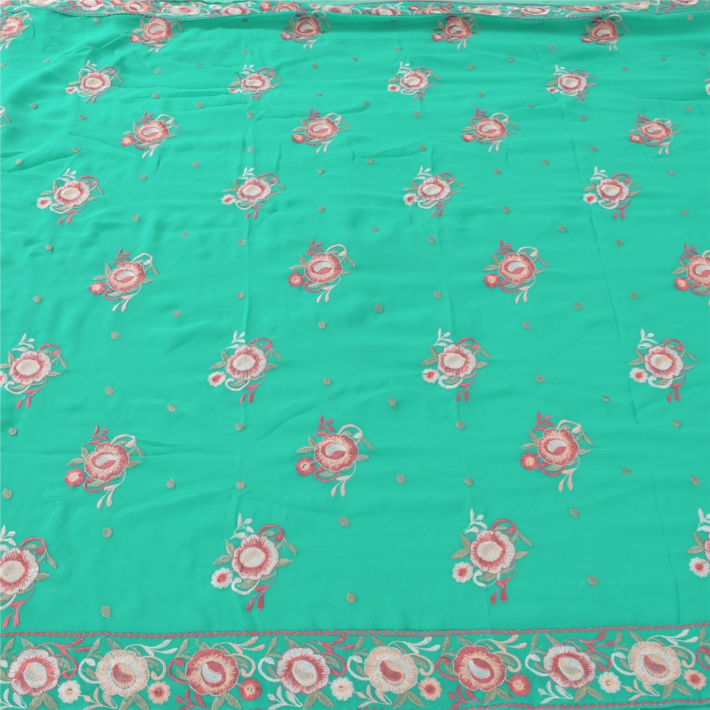 Sanskriti Vintage Sari Georgette Turquoise Blue Sarees Embroidered 5yd Craft Fabric Design- Dresses, Kaftans, Skirts, Blouses, Projects
