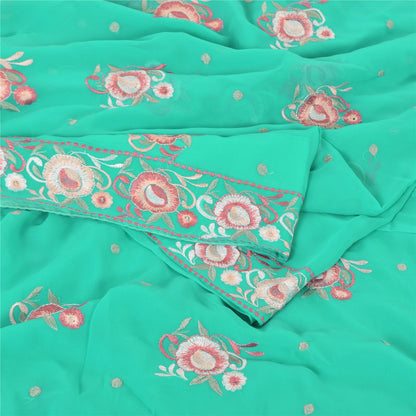 Sanskriti Vintage Sari Georgette Turquoise Blue Sarees Embroidered 5yd Craft Fabric Design- Dresses, Kaftans, Skirts, Blouses, Projects