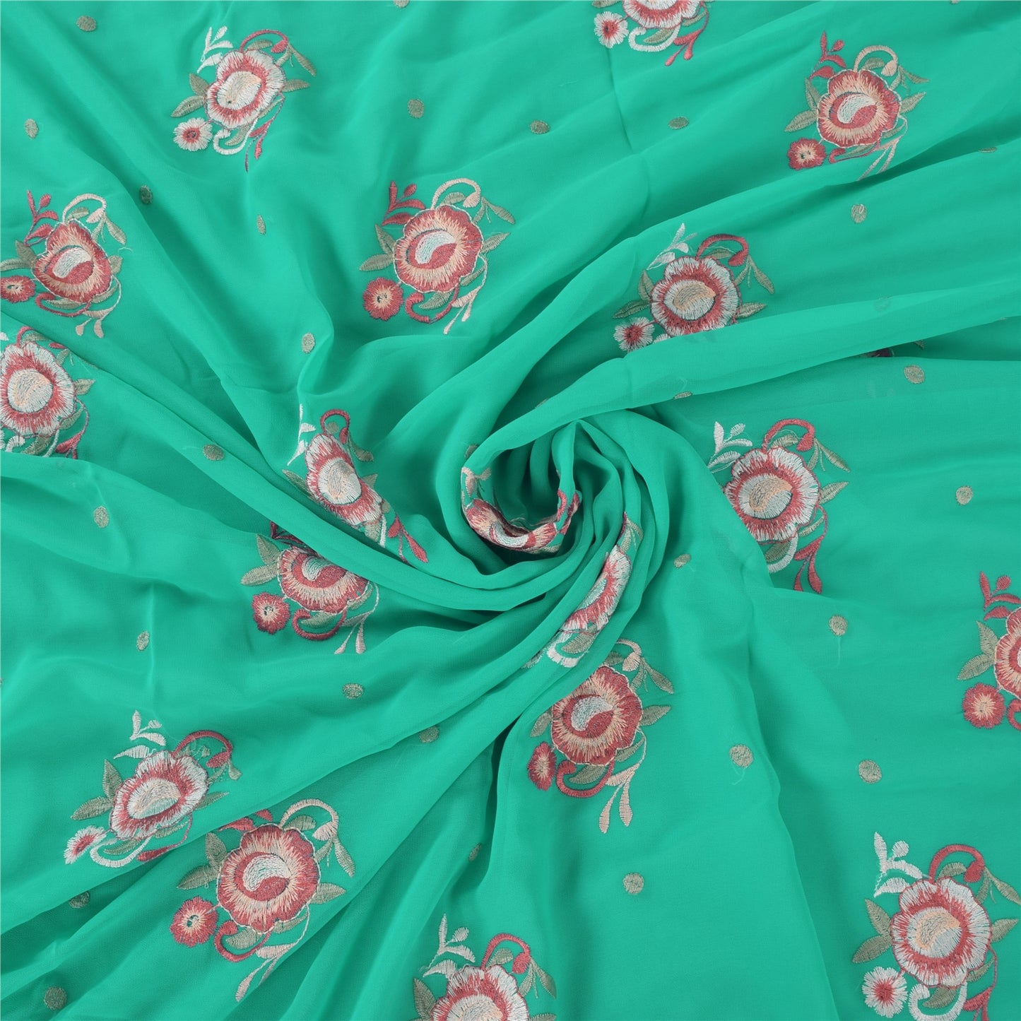 Sanskriti Vintage Sari Georgette Turquoise Blue Sarees Embroidered 5yd Craft Fabric Design- Dresses, Kaftans, Skirts, Blouses, Projects