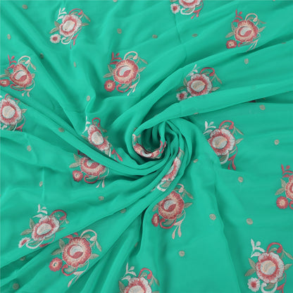 Sanskriti Vintage Sari Georgette Turquoise Blue Sarees Embroidered 5yd Craft Fabric Design- Dresses, Kaftans, Skirts, Blouses, Projects