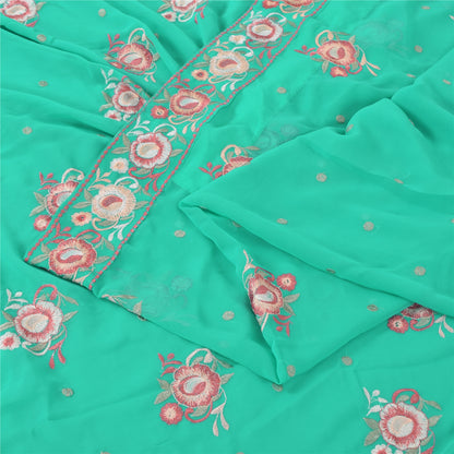 Sanskriti Vintage Sari Georgette Turquoise Blue Sarees Embroidered 5yd Craft Fabric Design- Dresses, Kaftans, Skirts, Blouses, Projects
