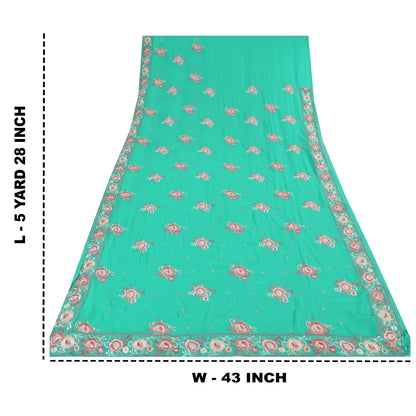 Sanskriti Vintage Sari Georgette Turquoise Blue Sarees Embroidered 5yd Craft Fabric Design- Dresses, Kaftans, Skirts, Blouses, Projects