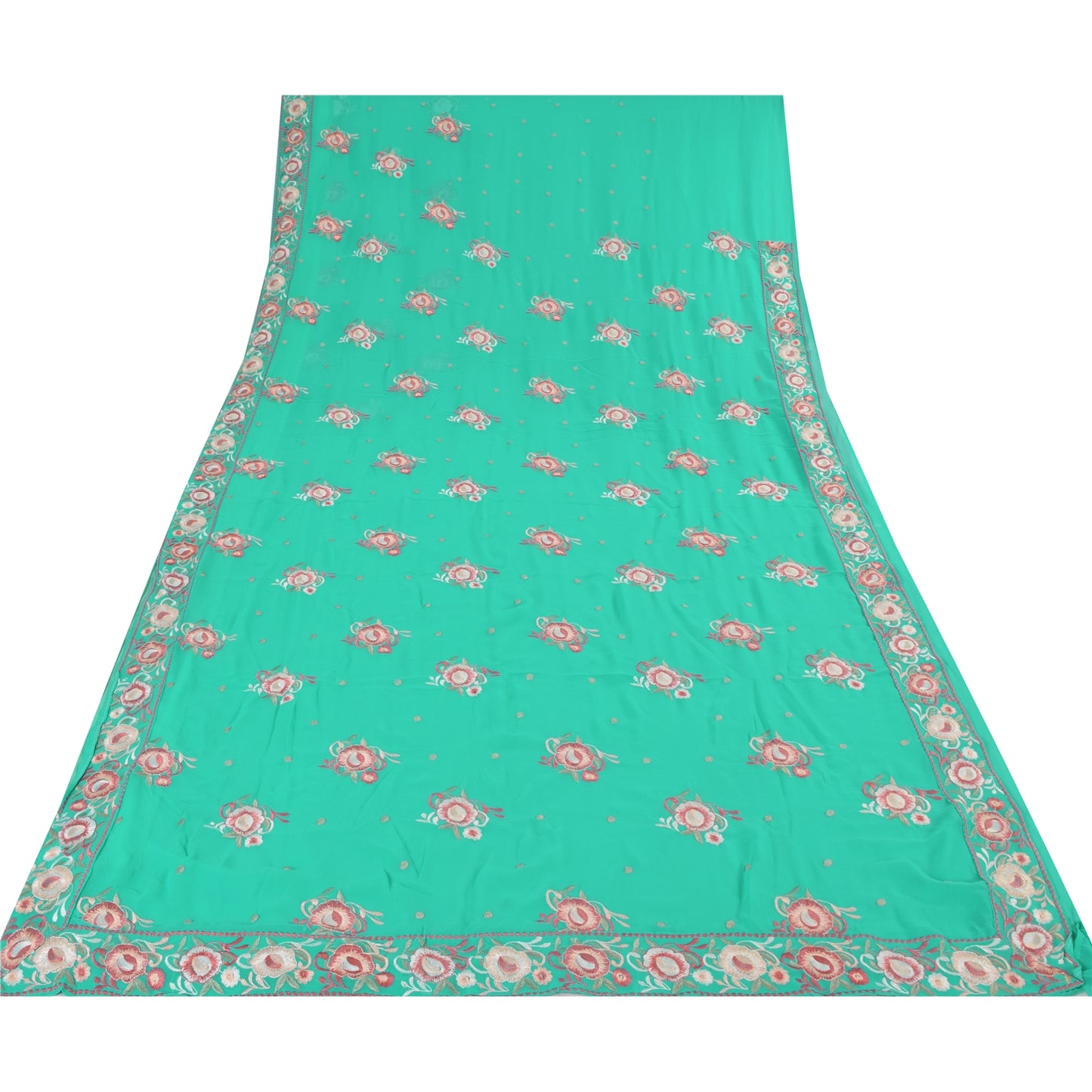 Sanskriti Vintage Sari Georgette Turquoise Blue Sarees Embroidered 5yd Craft Fabric Design- Dresses, Kaftans, Skirts, Blouses, Projects