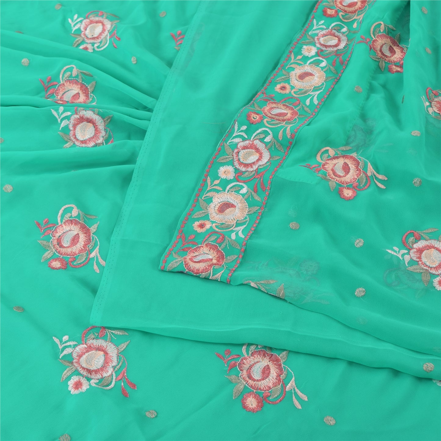 Sanskriti Vintage Sari Georgette Turquoise Blue Sarees Embroidered 5yd Craft Fabric Design- Dresses, Kaftans, Skirts, Blouses, Projects