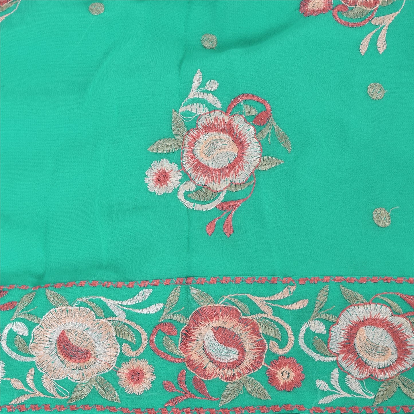 Sanskriti Vintage Sari Georgette Turquoise Blue Sarees Embroidered 5yd Craft Fabric Design- Dresses, Kaftans, Skirts, Blouses, Projects