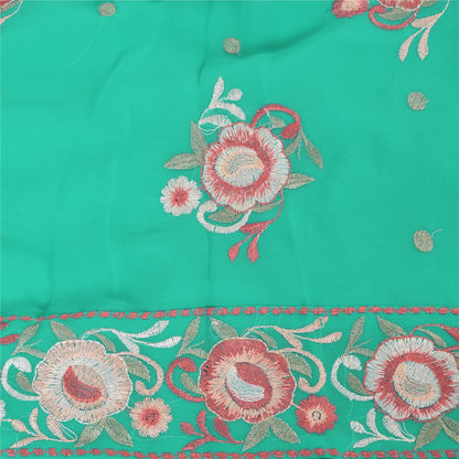 Sanskriti Vintage Sari Georgette Turquoise Blue Sarees Embroidered 5yd Craft Fabric Design- Dresses, Kaftans, Skirts, Blouses, Projects
